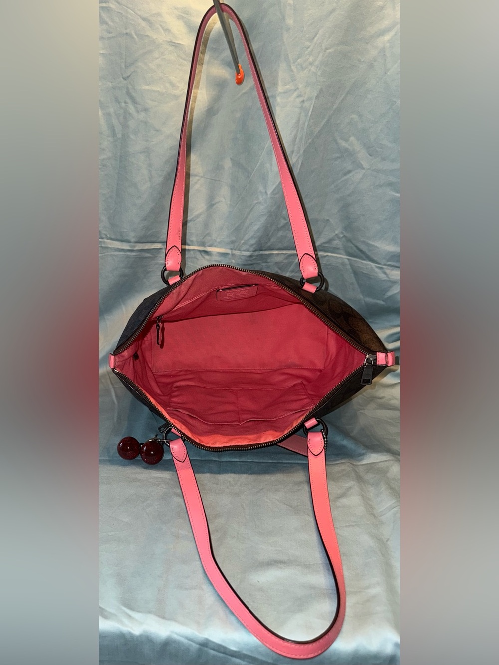 Coach F79609 Gallery Tote in Signature Canvas, with Pink Trim and Cherry Charm - Picture 9 of 13